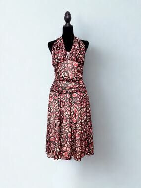 Vtg Y2K Studio Y Red Abstract Mod Circular Print Halter Neck Midi Dress